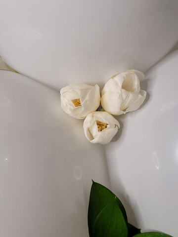 Des tulipes discrètes au milieu d'une arche de ballons. Un monochrome blanc inspiré des déesses grecques à Montpellier